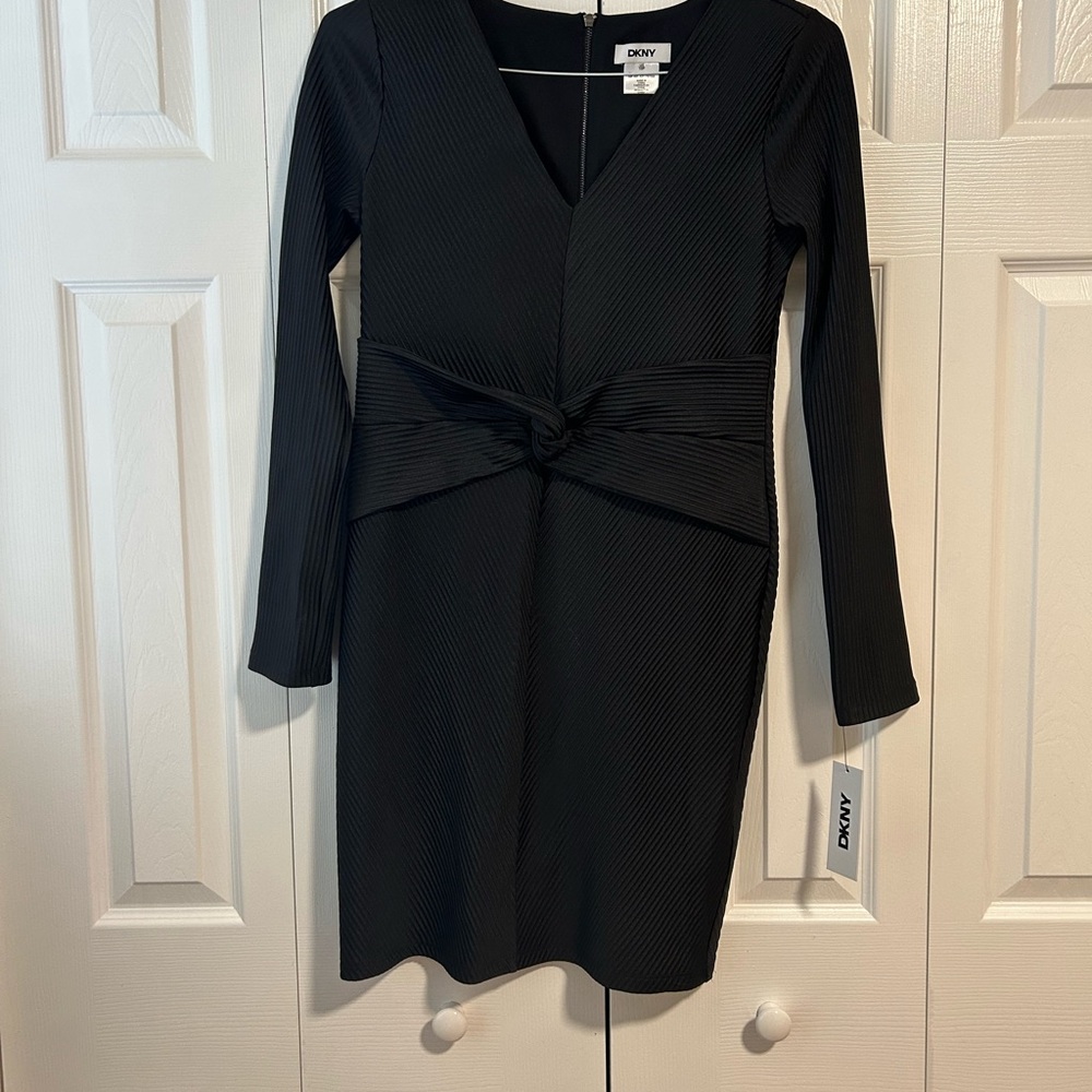 DKNY Black Long Sleeve Dress with Knot Detail